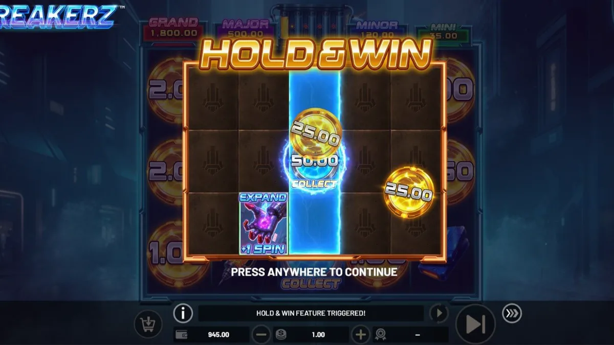 Interface visual e design gráfico do slot Breakerz com temática cyberpunk