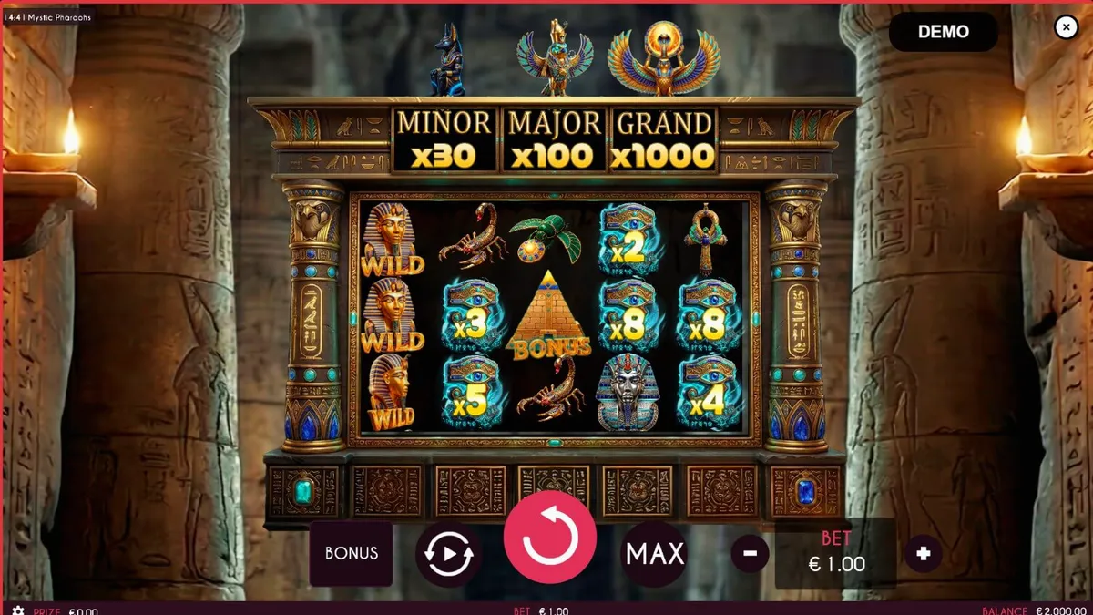 Interface do slot Mystic Pharaoh com símbolos egípcios e hieróglifos